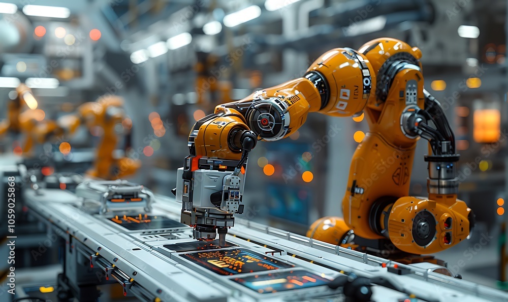 Aufkleber a robotic arm works on an assembly line in a high-tech manufacturing facility, showcasing advanced a