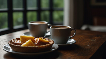 A cozy breakfast with coffee and fresh bread.