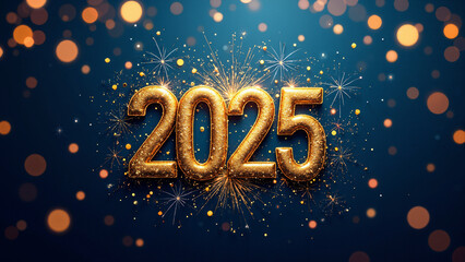 Vibrant 2025 Happy New Year Backdrop: Festive Gold and Blue Design for Marketing and Celebrations