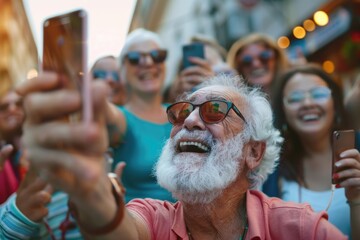 An elderly man with a beard taking a selfie with his phone, amidst a crowd. He's wearing sunglasses and appears happy as he captures the moment.