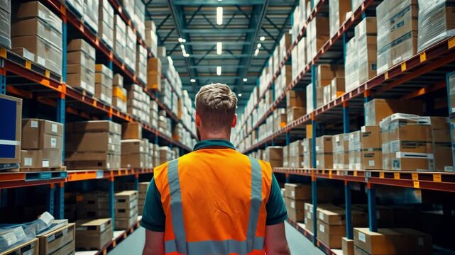 A warehouse worker in an orange vest stands facing tall shelves filled with boxes.
