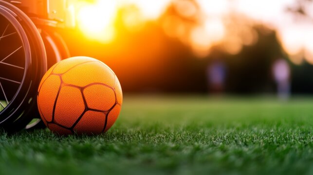 A sunset view of a wheelchair beside an orange soccer ball on a grassy field during an evening match, copy space