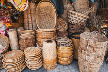 A variety of baskets made of rattan, bamboo.