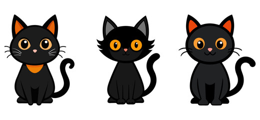 Vector set of cute black cats in different actions isolated on white background