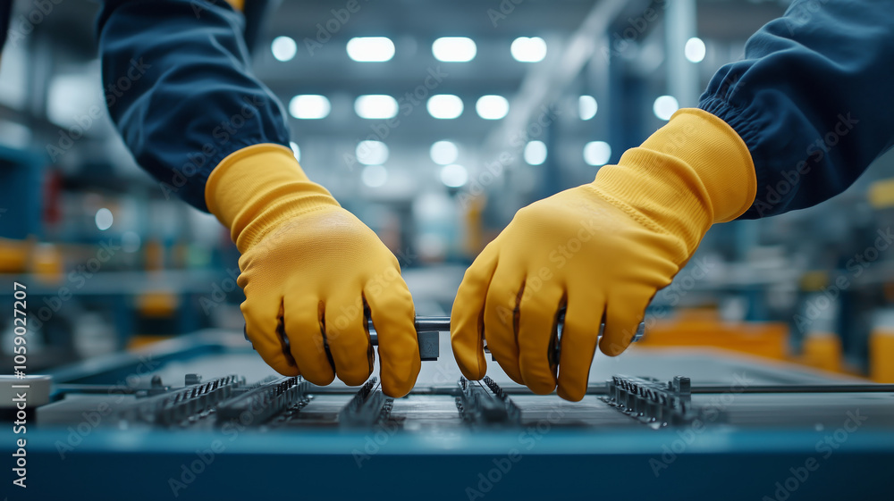 Poster A worker in protective gloves carefully assembling components in a factory