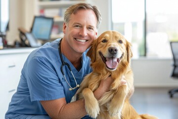 A male veterinarian in a blue nurse uniform stands holding a cute golden retriever and looking at each other, both smiling with happiness and joy behind the clinic room.