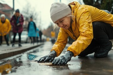 Woman kneeling in rain, fixing blocked drainage on street.