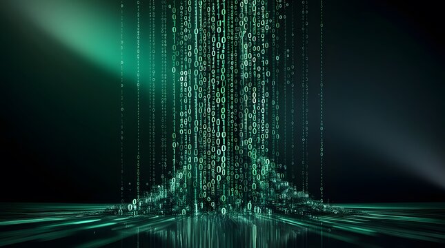 high-contrast professional photograph featuring a mesmerizing binary code overlay as the primary subject, set against a gradient background transitioning from deep, rich green hues to dark, mysterious