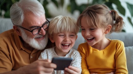 Happy family on couch with grandfather sharing cellphone. Joyful, multigenerational bonding time.