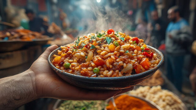 Enjoying a delicious plate of traditional Egyptian koshari in a bustling market