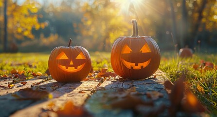 Carved Jack-O-Lantern On Wooden Path With Fall Leaves And Sunlight