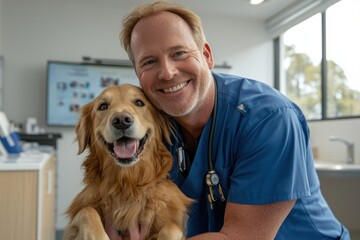 A male veterinarian in a blue nurse uniform stands holding a cute golden retriever and looking at each other, both smiling with happiness and joy behind the clinic room.