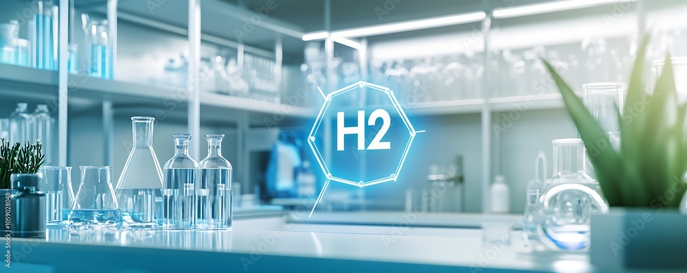 Poster laboratory setting featuring glassware and a holographic representation of h2.