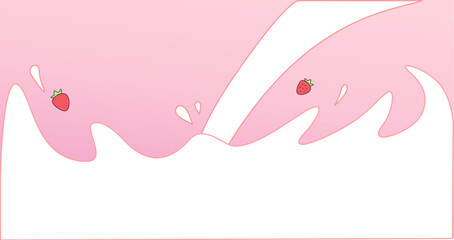 Strawberry flavored milk packaging design illustration, soft design with illustration of milk poured from the top and some strawberries