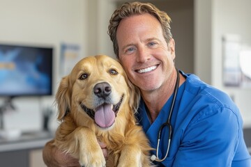 A male veterinarian in a blue nurse uniform stands holding a cute golden retriever and looking at each other, both smiling with happiness and joy behind the clinic room.
