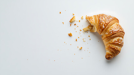 half eaten croissant with crumbs on white surface, showcasing its flaky texture