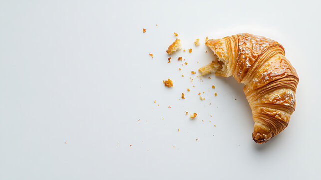 half eaten croissant with crumbs on white surface, showcasing its flaky texture