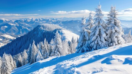 Naklejka premium A picturesque mountain scene in winter, with a scattering of snow-covered evergreens on the slopes.