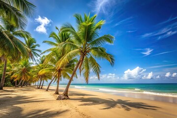 Obraz premium Warm sandy beach with a clear blue sky and palm trees swaying gently in the breeze, nature scenery, coastal scenery, clear blue sky, serene landscape