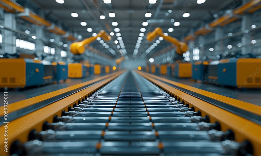 Poster a close-up view of a conveyor belt in a modern industrial facility, featuring robotic arms in the ba
