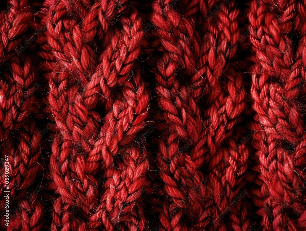 Poster this image showcases a close-up pattern of a red blanket knit with intricate stitches and textures. 