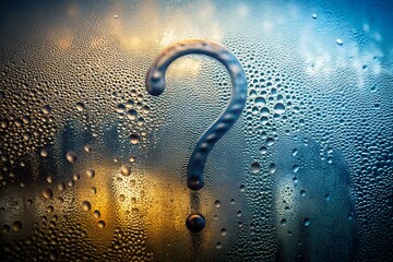 Mysterious question mark drawn on fogged glass with droplets, illuminated by warm and cool tones, ideal for concepts of uncertainty or mystery.