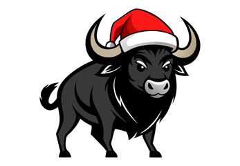 Bison breed in red hat of Santa Claus, Funny Christmas Animal, Animal Christmas Winter Holiday , Cute Christmas Animal