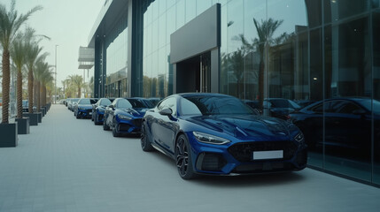 Cinematic wide angle view showcasing luxury cars outside dealership