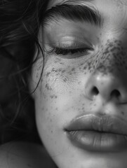 Fototapeta premium Peaceful close up of a woman with eyes closed, showcasing her natural beauty and fair skin.
