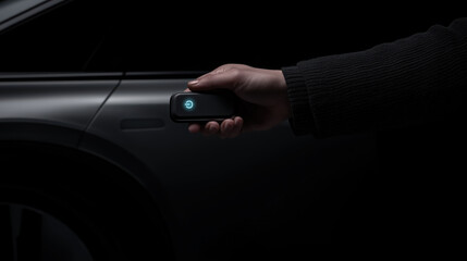 person holding smart key near modern car, showcasing technology
