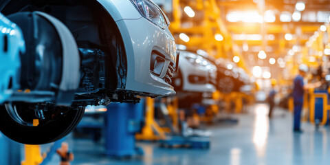 Service area with cars being serviced, showcasing busy dealership atmosphere