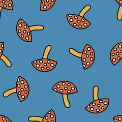 Seamless Pattern with Mushroom Fly Agaric. Red Mushroom with White Spots. Toxic Mushroom Repeating Background.