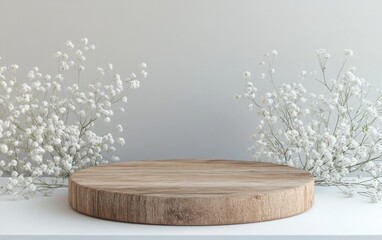 Fototapeta premium A rustic wooden podium on a white tabletop, with a light gray background and sprigs of gypsophila flowers elegantly arranged around it. 