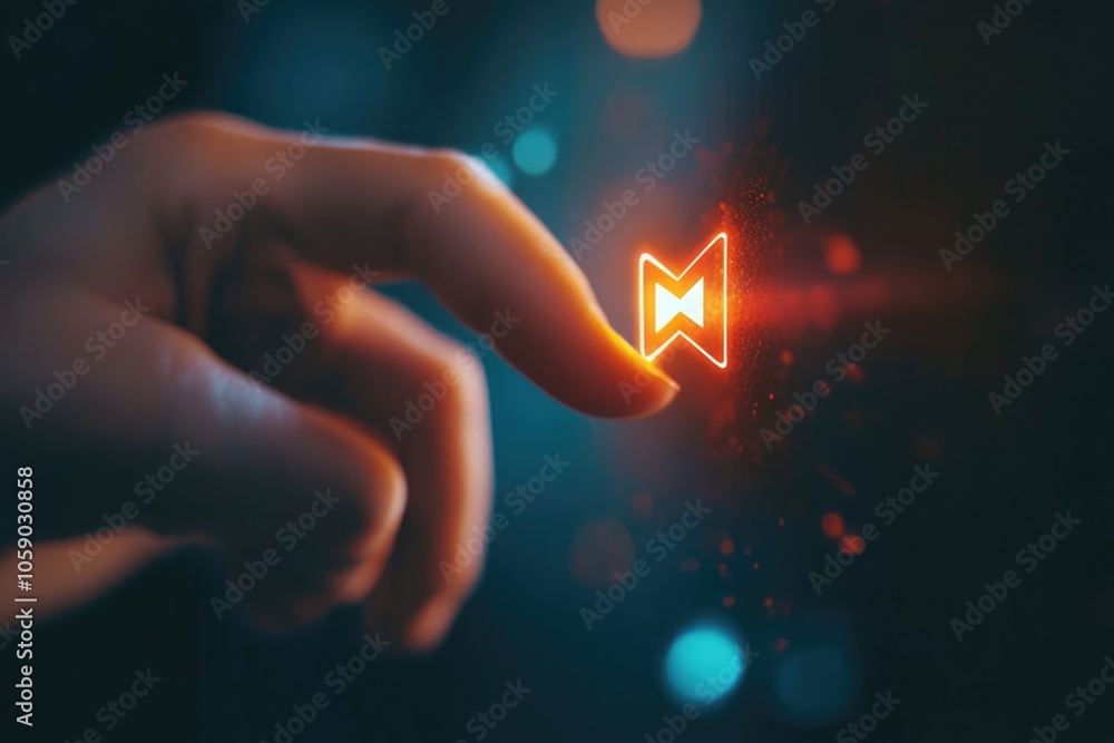 Poster hand reaching out to hold a virtual symbol of connectivity or digital interface, set against a futur