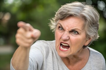 Furious senior woman pointing with anger and frustration in her expression. Emotionally intense image depicting frustration and displeasure in a personal conflict.