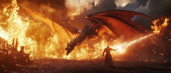 Epic confrontation between a lone warrior and two fierce dragons in a fiery landscape at dusk
