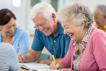 Group of seniors laughing and enjoying a language learning session. Positive learning environment among elderly friends in a classroom setting.