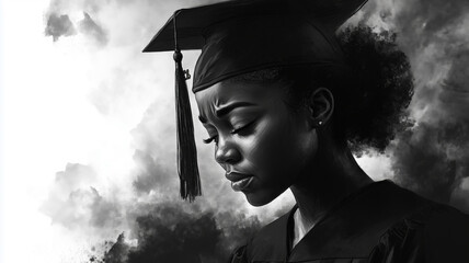 A moment of reflection for a graduate wearing a cap and gown at sunset - Powered by Adobe