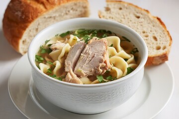 A photo of a white bowl containing fresh homemade chicken soup with noodles