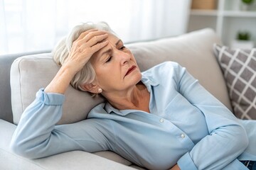 An elderly woman resting on a sofa, looking distressed and holding her head, portraying fatigue, pain, or discomfort in a domestic setting.