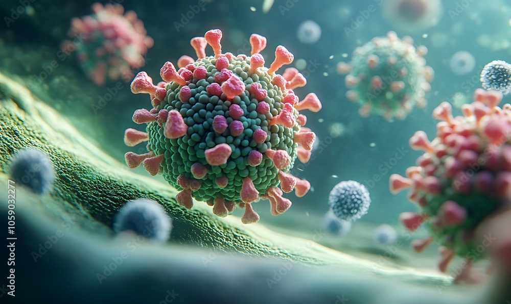 Poster microscopic view of a virus, illustrating its structure and surrounding environment.