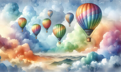 Naklejka premium Farbenfrohe Heißluftballons in Regenbogenfarben fliegen am Himmel, copy space