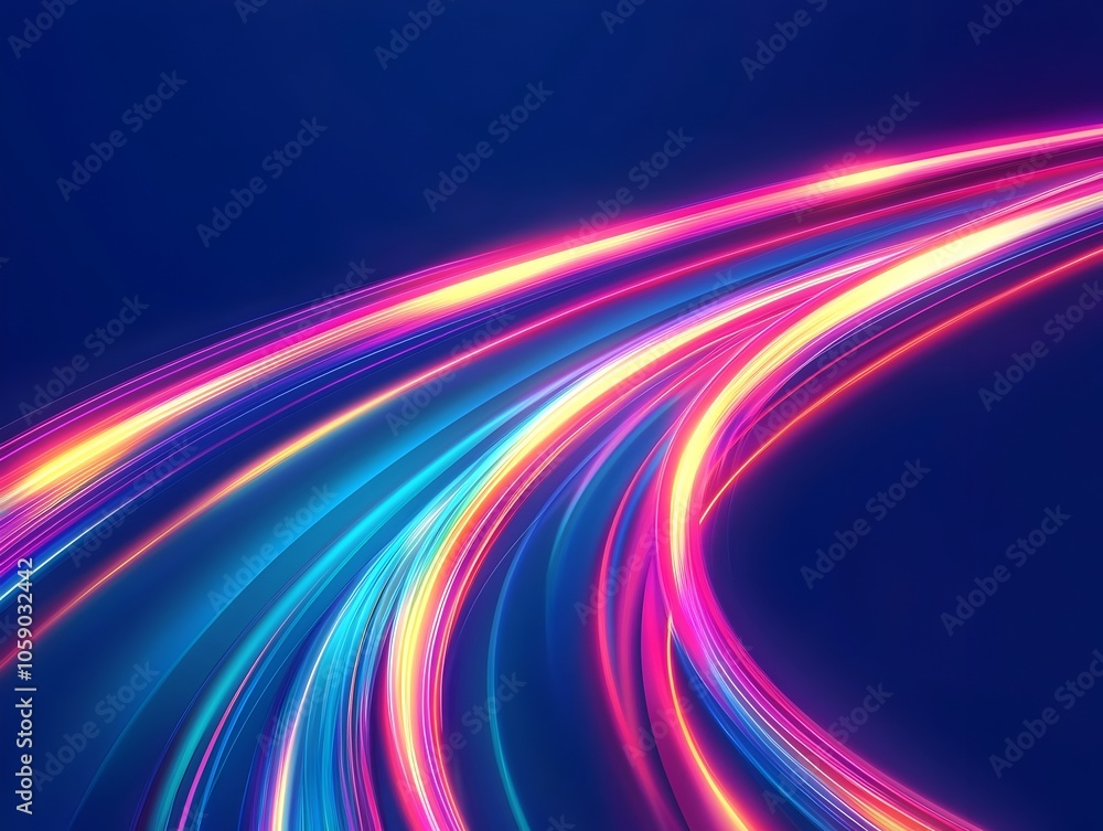 Poster captivating neon light streak effect with multicolored diagonal trails on midnight blue backdrop vib