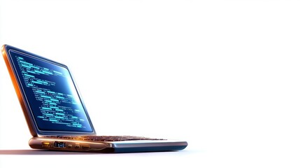 Open Laptop with Code on Screen  White Background  Technology Concept