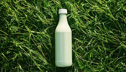 A bottle of milk placed on a bed of green grass, showcasing a fresh and natural setting.
