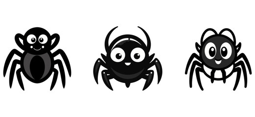 Cute and funny black spider with eyey and nose,vector illustration isolated on white background. Cartoon style, Halloween spider