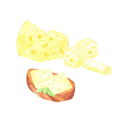 Hand drawn watercolor piece slice cube of cheese with sandwich composition isolated on white background. Can be used for postcard, label, scrapbook and other printed products.