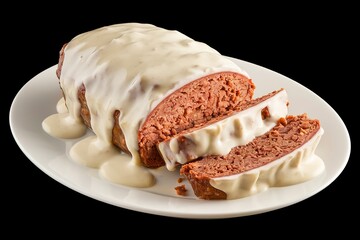 a meatloaf with a glossy white cream sauce on a white plate