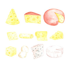 Hand drawn watercolor cheese set isolated on white background. Can be used for postcard, label, scrapbook and other printed products.