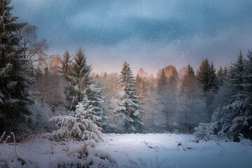 A serene winter scene with snowflakes gently falling from the sky